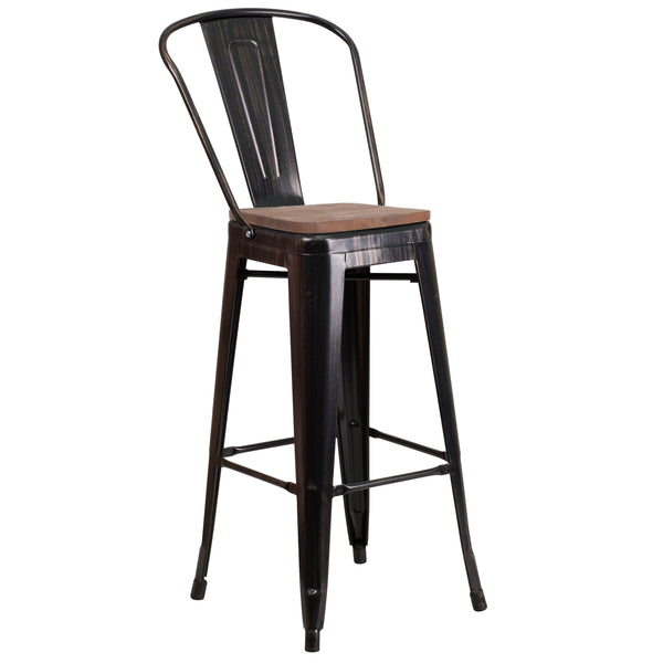 Black-Antique Gold |#| 30inch High Black-Antique Gold Metal Barstool with Back and Wood Seat - Kitchen