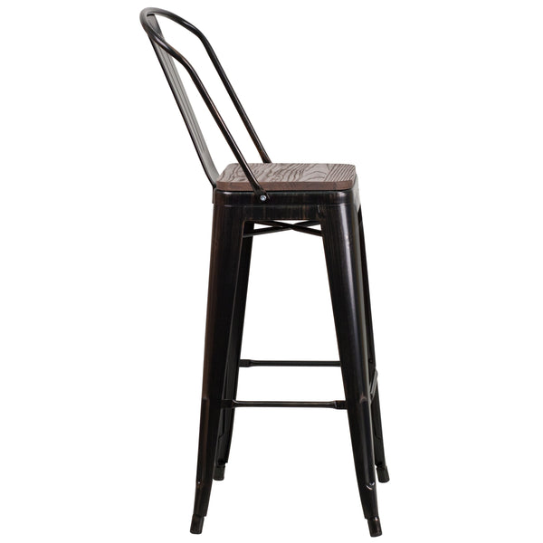 Black-Antique Gold |#| 30inch High Black-Antique Gold Metal Barstool with Back and Wood Seat - Kitchen