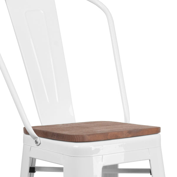 White |#| 30inch High White Metal Barstool with Back and Wood Seat - Kitchen Furniture