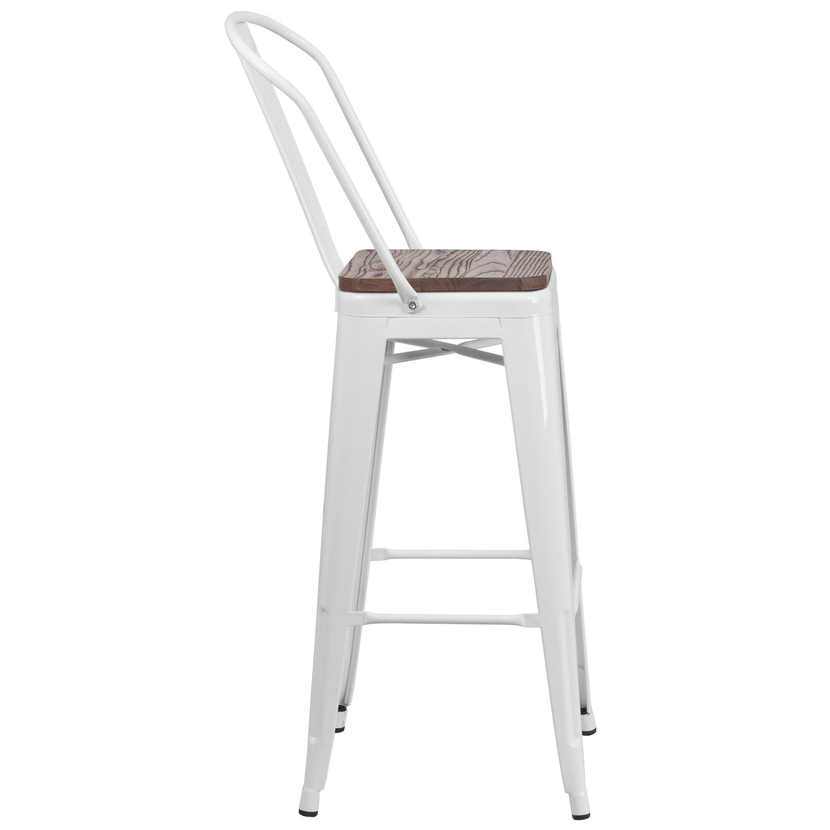 White |#| 30inch High White Metal Barstool with Back and Wood Seat - Kitchen Furniture