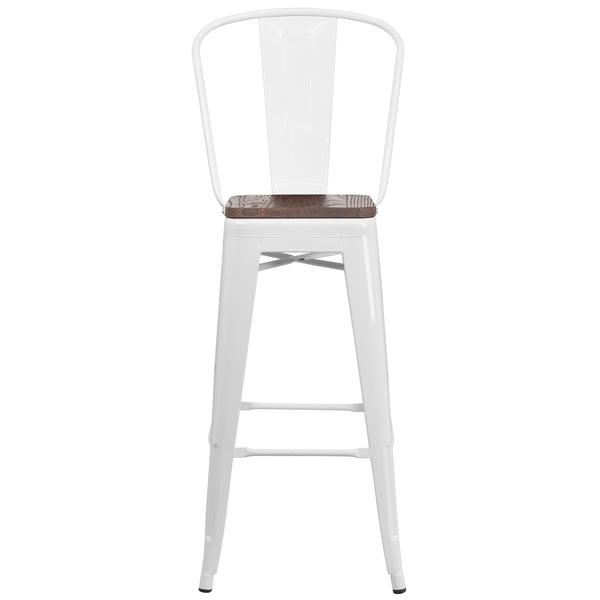 White |#| 30inch High White Metal Barstool with Back and Wood Seat - Kitchen Furniture