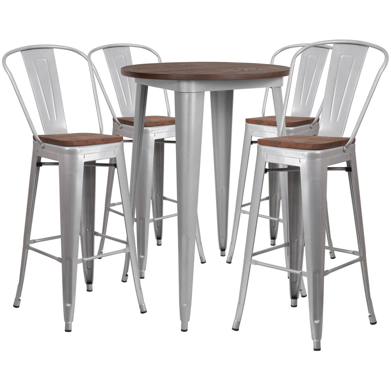 Silver |#| 30inch Round Silver Metal Bar Table Set with Wood Top and 4 Stools