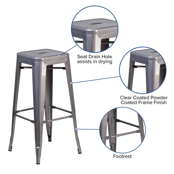 30inch High Backless Clear Coated Metal Indoor Barstool with Square Seat