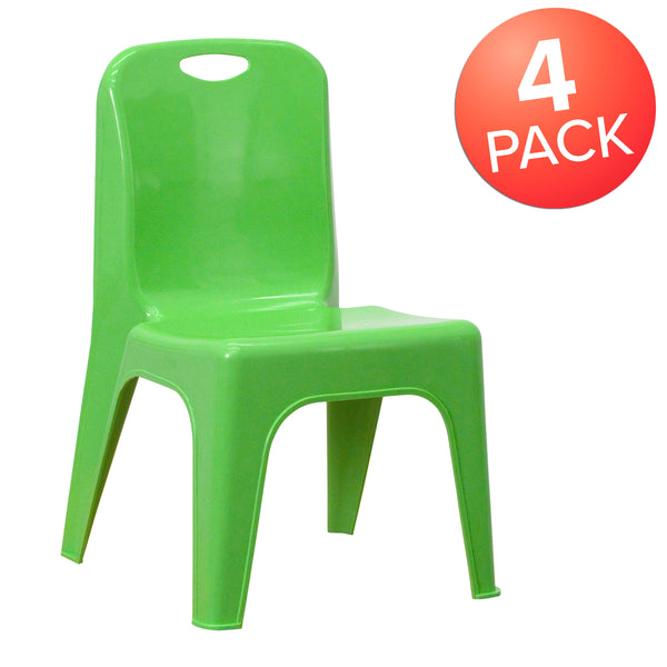 Green |#| 4 Pack Green Plastic Stack School Chair with Carrying Handle and 11inch Seat Height