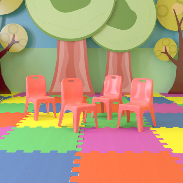 Red |#| 4 Pack Red Plastic Stack School Chair with Carrying Handle and 11inch Seat Height