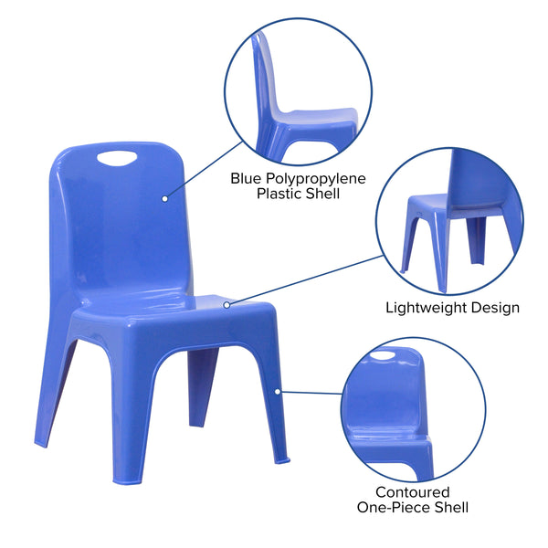 Blue |#| 4 Pack Blue Plastic Stack School Chair with Carrying Handle and 11inch Seat Height
