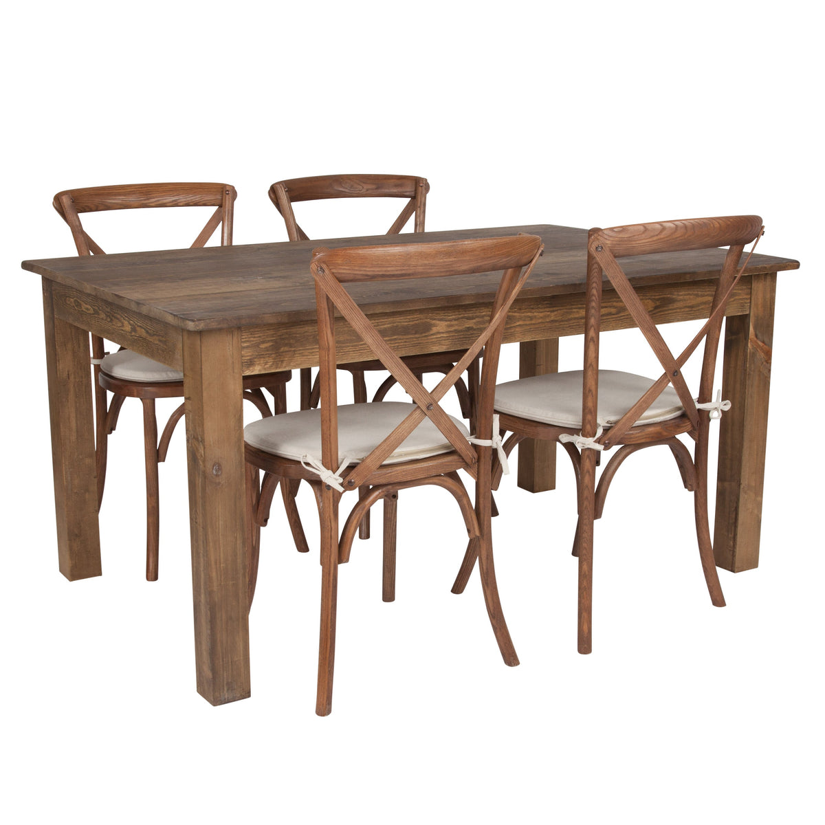 60inch x 38inch Antique Rustic Farm Table Set with 4 Cross Back Chairs and Cushions