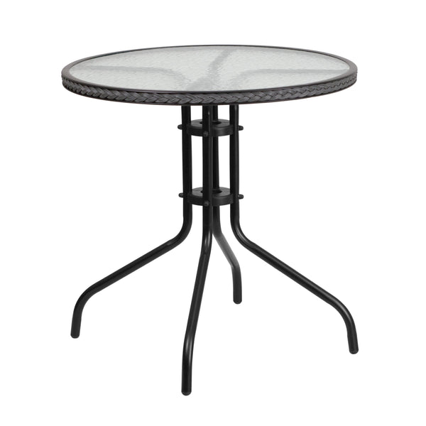 Clear/Gray |#| 28inch RD Glass Metal Table with Gray Rattan Edging and 2 Gray Rattan Stack Chairs