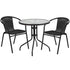 Barker 28'' Round Glass Metal Table with Rattan Edging and 2 Rattan Stack Chairs