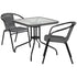 Barker 28'' Square Glass Metal Table with Rattan Edging and 2 Rattan Stack Chairs