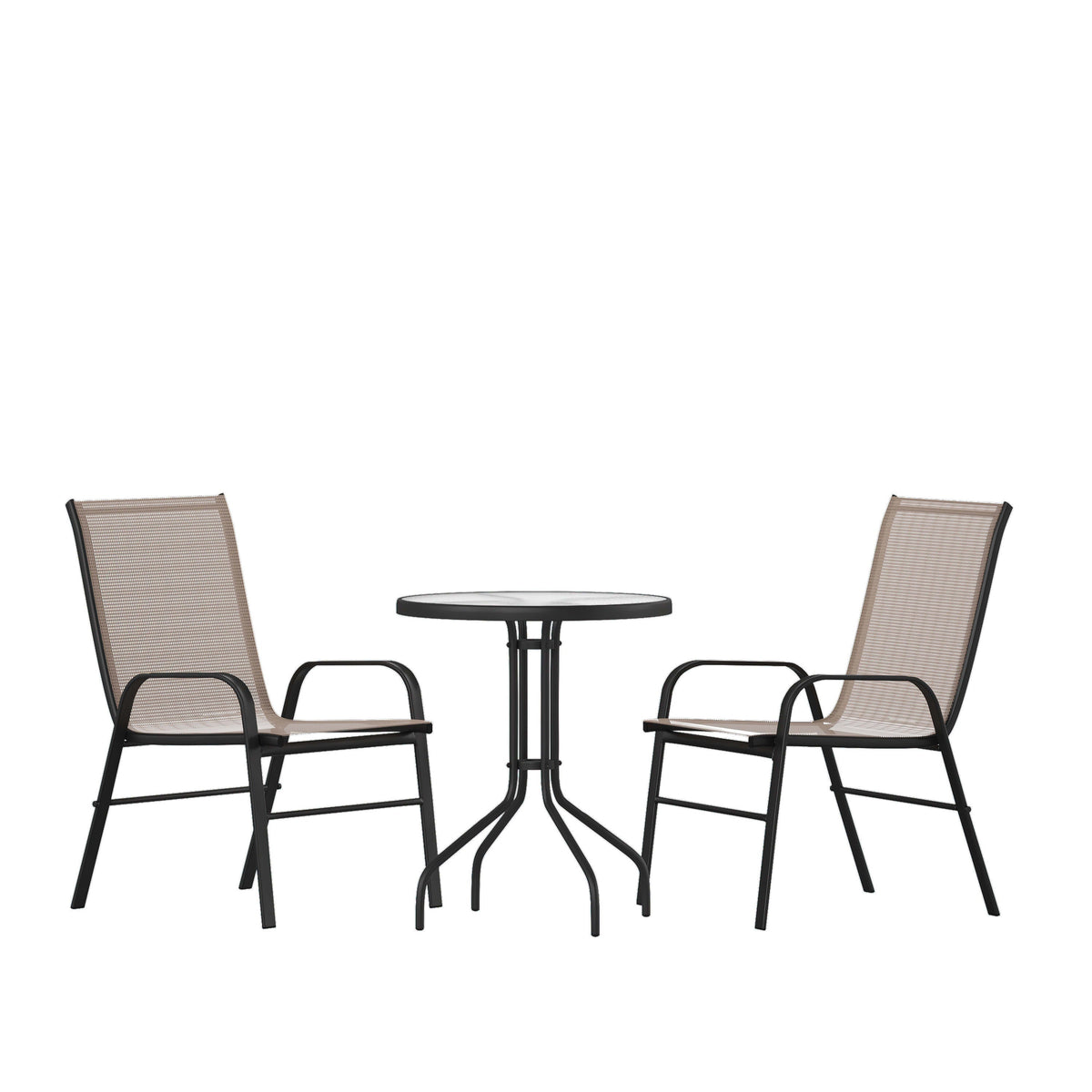 Brown |#| 3 Piece Patio Dining Set - 23.75inch Round Glass Table, 2 Brown Flex Stack Chairs