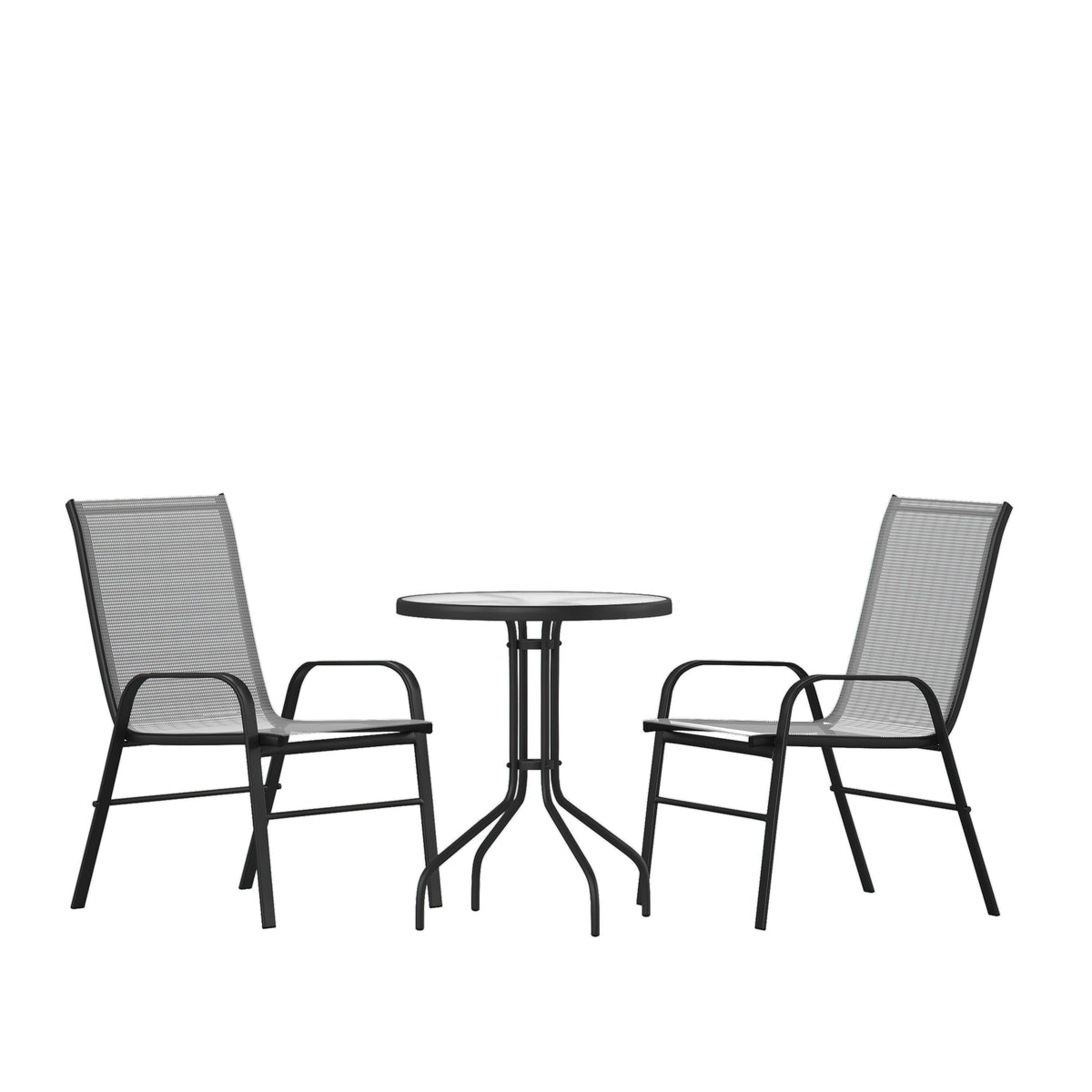 Gray |#| 3 Piece Patio Dining Set - 23.75inch Round Glass Table, 2 Gray Flex Stack Chairs