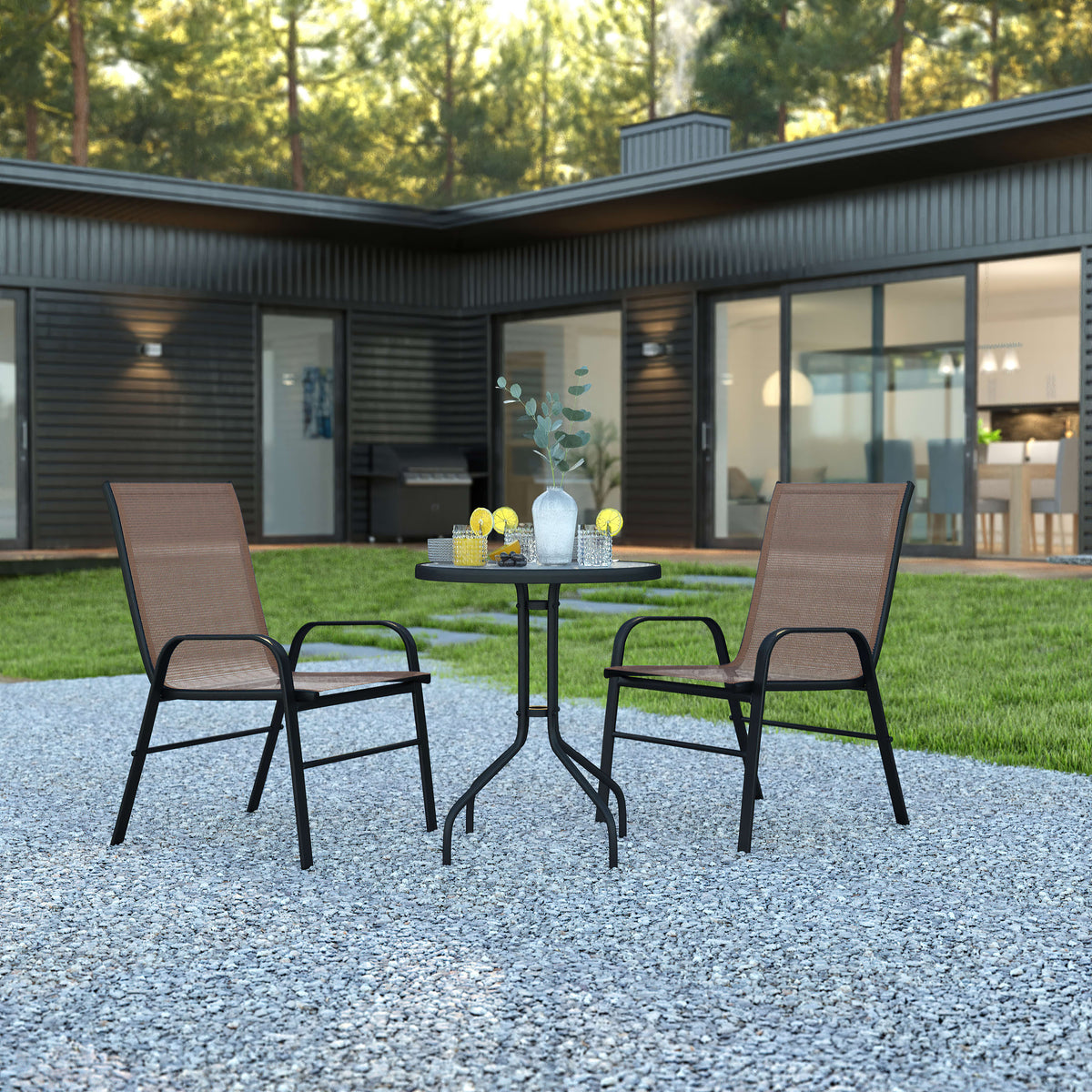 Brown |#| 3 Piece Patio Dining Set - 23.75inch Round Glass Table, 2 Brown Flex Stack Chairs