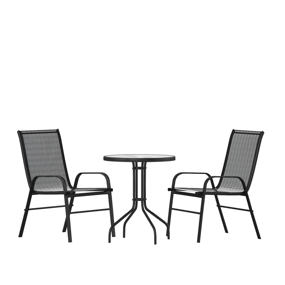 Black |#| 3 Piece Patio Dining Set - 23.75inch Round Glass Table, 2 Black Flex Stack Chairs