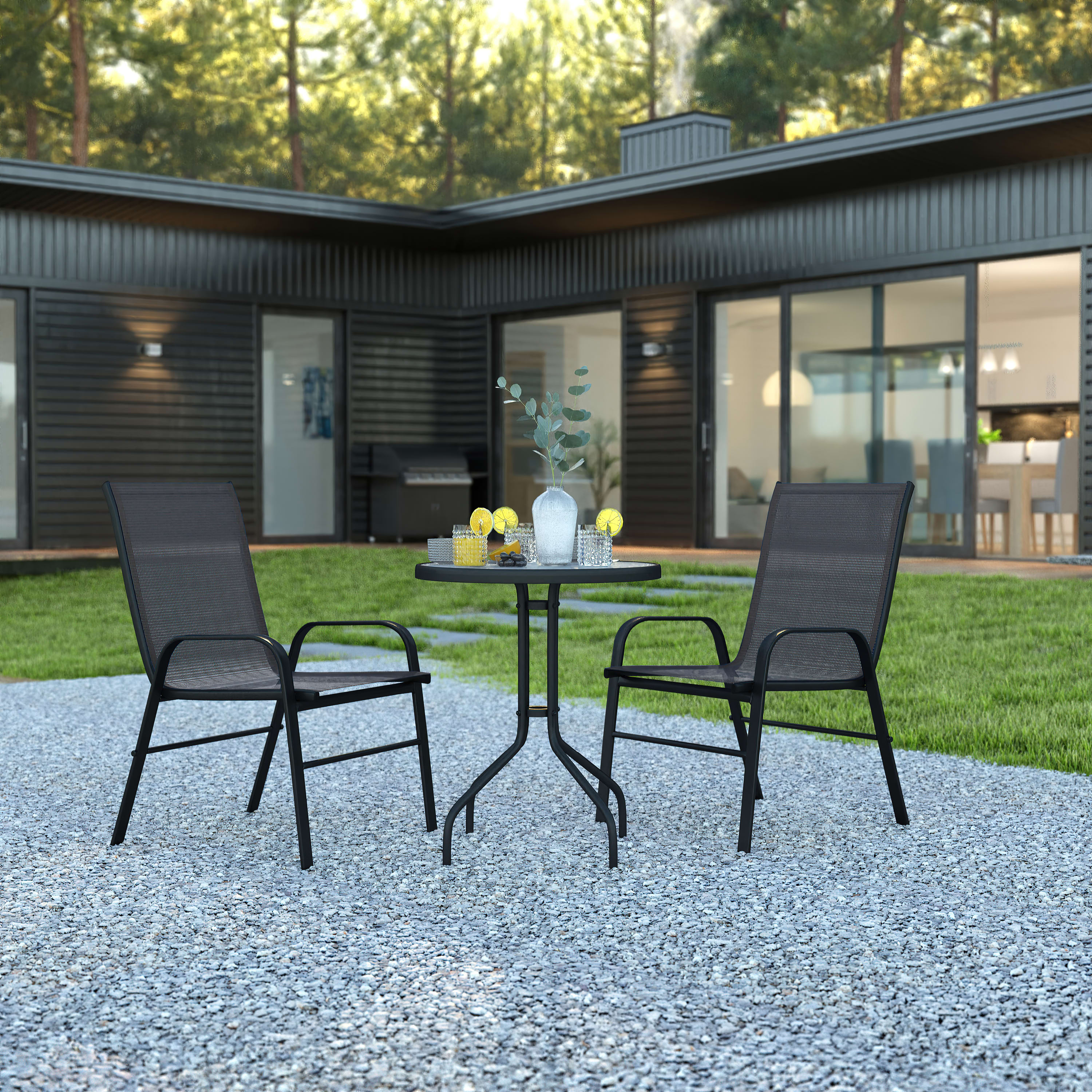 Flash Furniture 3 Piece Outdoor Patio Dining Set 23.75 Round Tempered Glass Patio Table 2 Brown Flex Comfort Stack Chairs