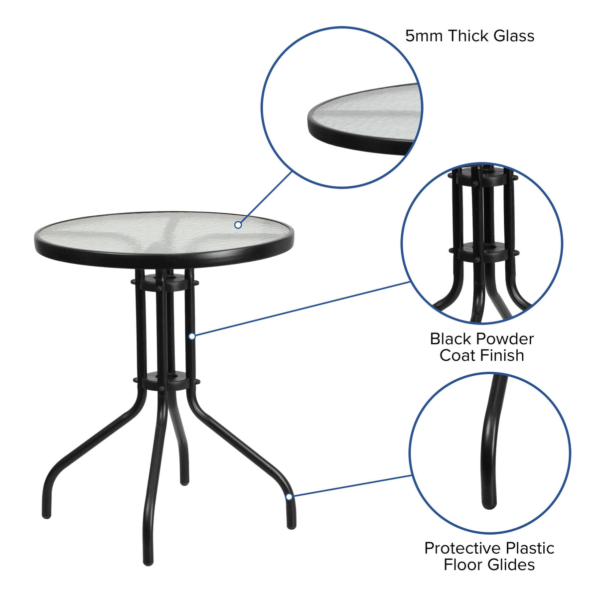 Black |#| 3 Piece Patio Dining Set - 23.75inch Round Glass Table, 2 Black Flex Stack Chairs