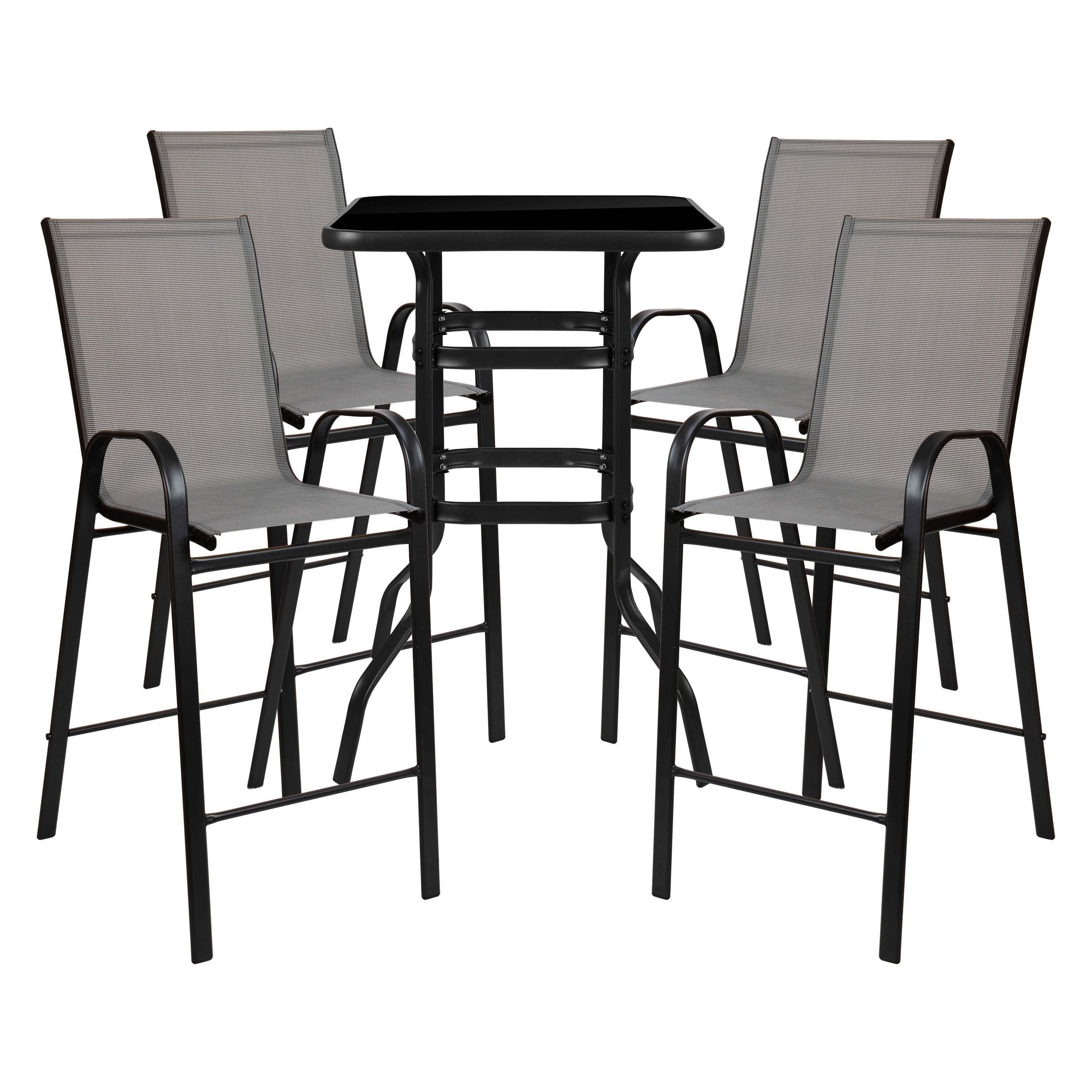 5PC Glass Bar Patio Table Set TLH 073H092H4 B Stack Chairs 4 Less