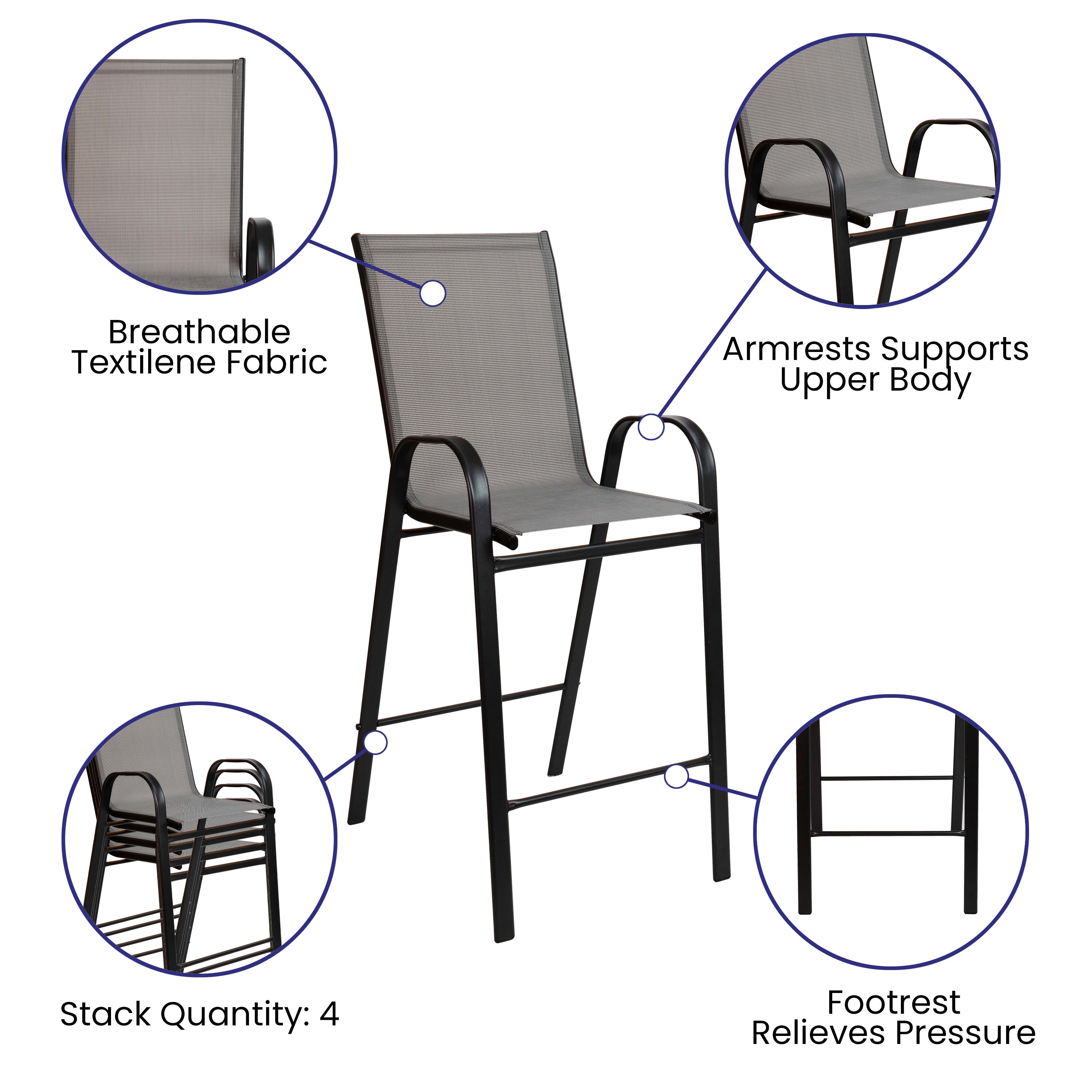 5PC Glass Bar Patio Table Set TLH 073H092H4 B Stack Chairs 4 Less
