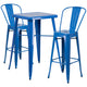 Blue |#| 23.75inch Square Blue Metal Indoor-Outdoor Bar Table Set with 2 Stools with Backs