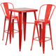 Red |#| 23.75inch Square Red Metal Indoor-Outdoor Bar Table Set with 2 Stools with Backs