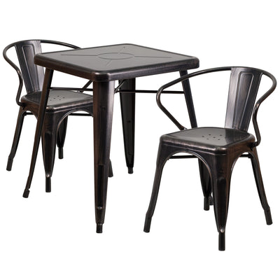 Commercial Grade 23.75" Square Metal Indoor-Outdoor Table Set with 2 Arm Chairs - View 1