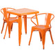 Orange |#| 23.75inch Square Orange Metal Indoor-Outdoor Table Set with 2 Arm Chairs