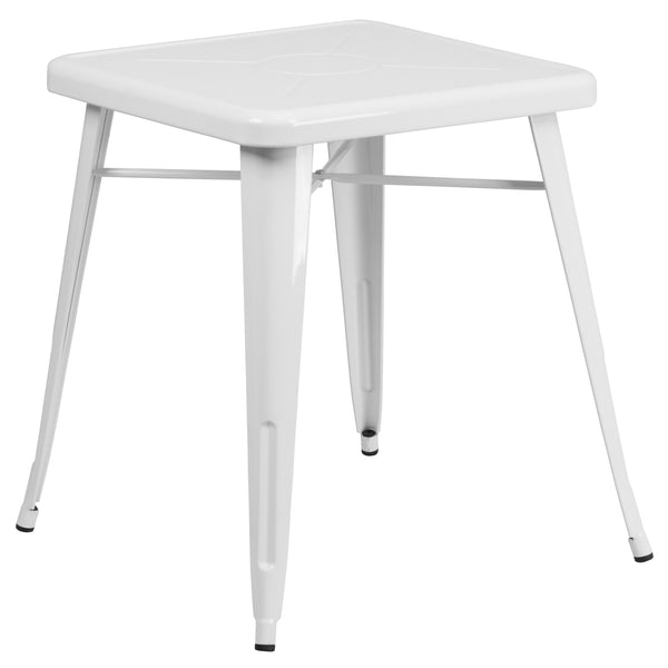 White |#| 23.75inch Square White Metal Indoor-Outdoor Table Set with 2 Stack Chairs