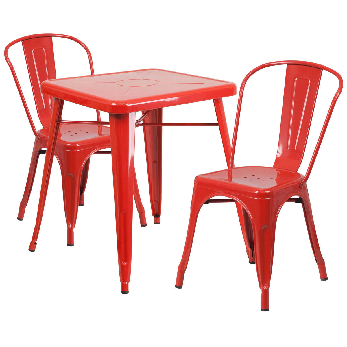 Red |#| 23.75inch Square Red Metal Indoor-Outdoor Table Set with 2 Stack Chairs