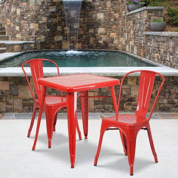 Red |#| 23.75inch Square Red Metal Indoor-Outdoor Table Set with 2 Stack Chairs