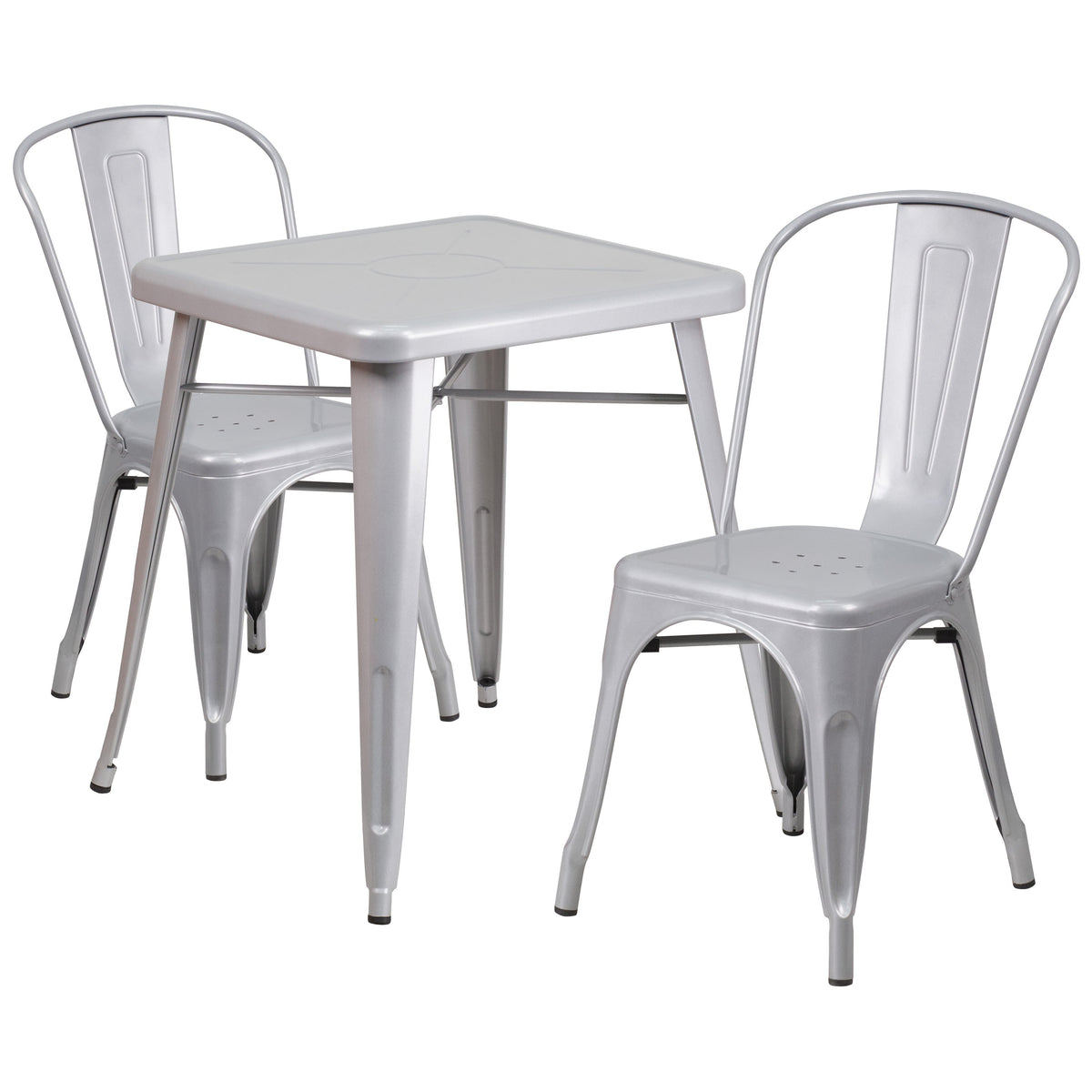Silver |#| 23.75inch Square Silver Metal Indoor-Outdoor Table Set with 2 Stack Chairs