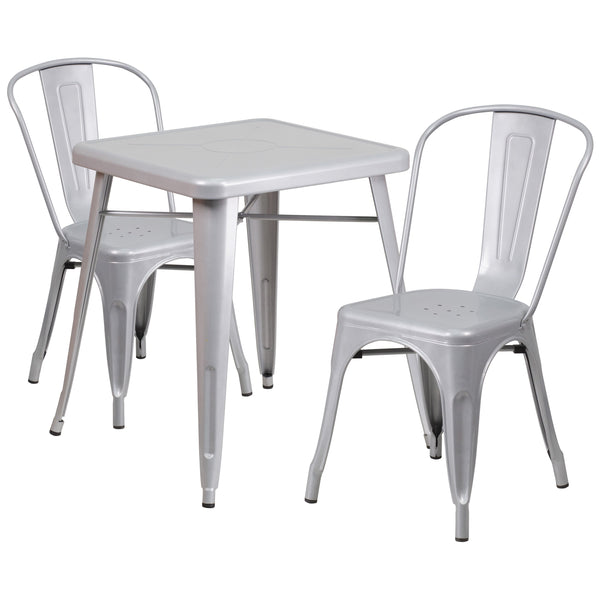 Silver |#| 23.75inch Square Silver Metal Indoor-Outdoor Table Set with 2 Stack Chairs
