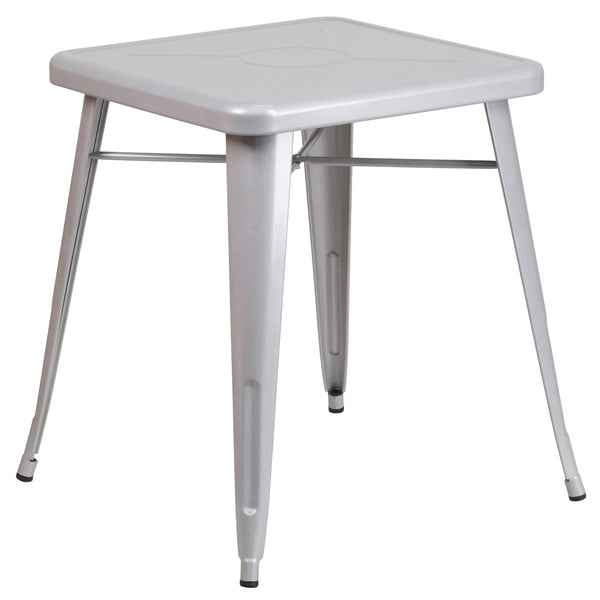Silver |#| 23.75inch Square Silver Metal Indoor-Outdoor Table Set with 2 Stack Chairs