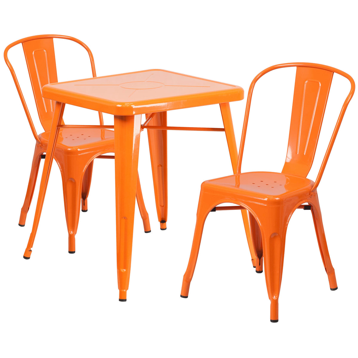 Orange |#| 23.75inch Square Orange Metal Indoor-Outdoor Table Set with 2 Stack Chairs