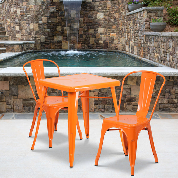 Orange |#| 23.75inch Square Orange Metal Indoor-Outdoor Table Set with 2 Stack Chairs
