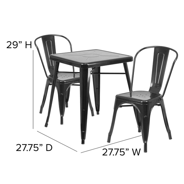 Black |#| 23.75inch Square Black Metal Indoor-Outdoor Table Set with 2 Stack Chairs