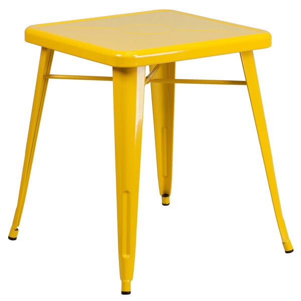 Yellow |#| 23.75inch Square Yellow Metal Indoor-Outdoor Table Set with 2 Stack Chairs