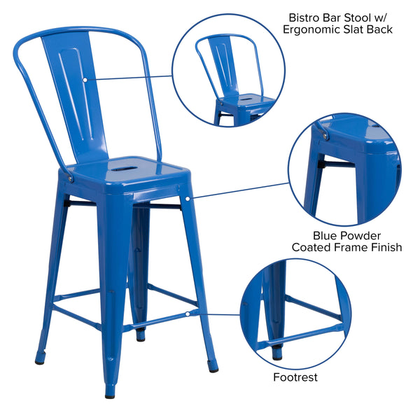 Blue |#| 24inch High Blue Metal Indoor-Outdoor Counter Height Stool with Back
