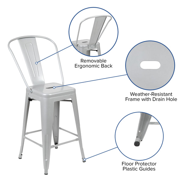 Silver |#| 24inch High Silver Metal Indoor-Outdoor Counter Height Stool with Back
