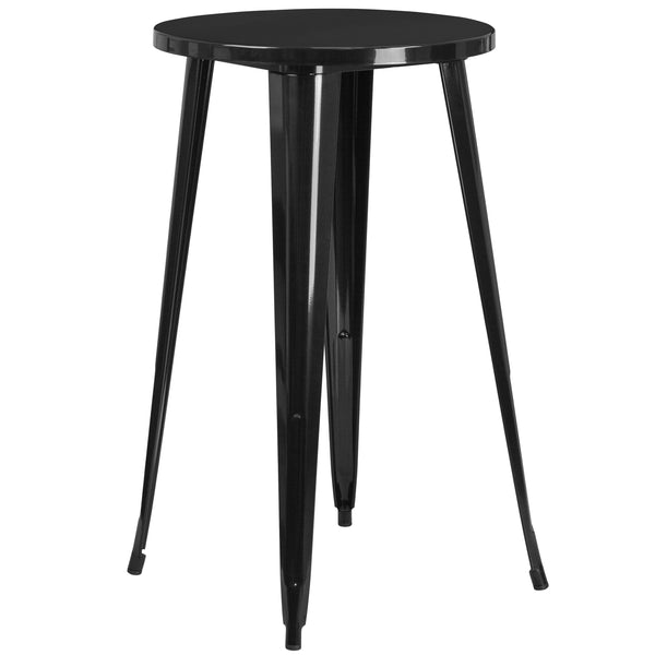 Black |#| 24inch Round Black Metal Indoor-Outdoor Bar Table Set with 2 Slat Back Stools