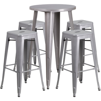 Commercial Grade 24" Round Metal Indoor-Outdoor Bar Table Set with 4 Square Seat Backless Stools - View 1