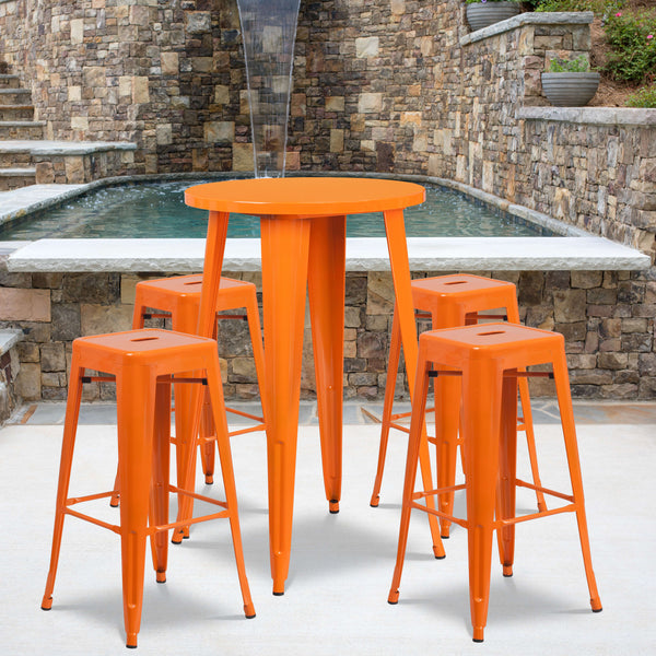 Orange |#| 24inch Round Orange Metal Indoor-Outdoor Bar Table Set with 4 Backless Stools