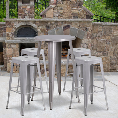 Commercial Grade 24" Round Metal Indoor-Outdoor Bar Table Set with 4 Square Seat Backless Stools - View 2