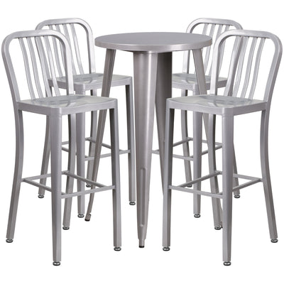 Commercial Grade 24" Round Metal Indoor-Outdoor Bar Table Set with 4 Vertical Slat Back Stools - View 1