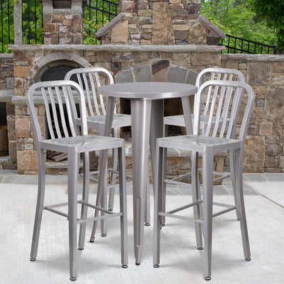 Commercial Grade 24" Round Metal Indoor-Outdoor Bar Table Set with 4 Vertical Slat Back Stools - View 2