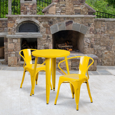 Commercial Grade 24" Round Metal Indoor-Outdoor Table Set with 2 Arm Chairs - View 2