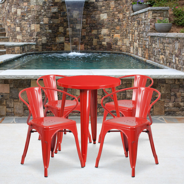 Red |#| 24inch Round Red Metal Indoor-Outdoor Table Set with 4 Arm Chairs