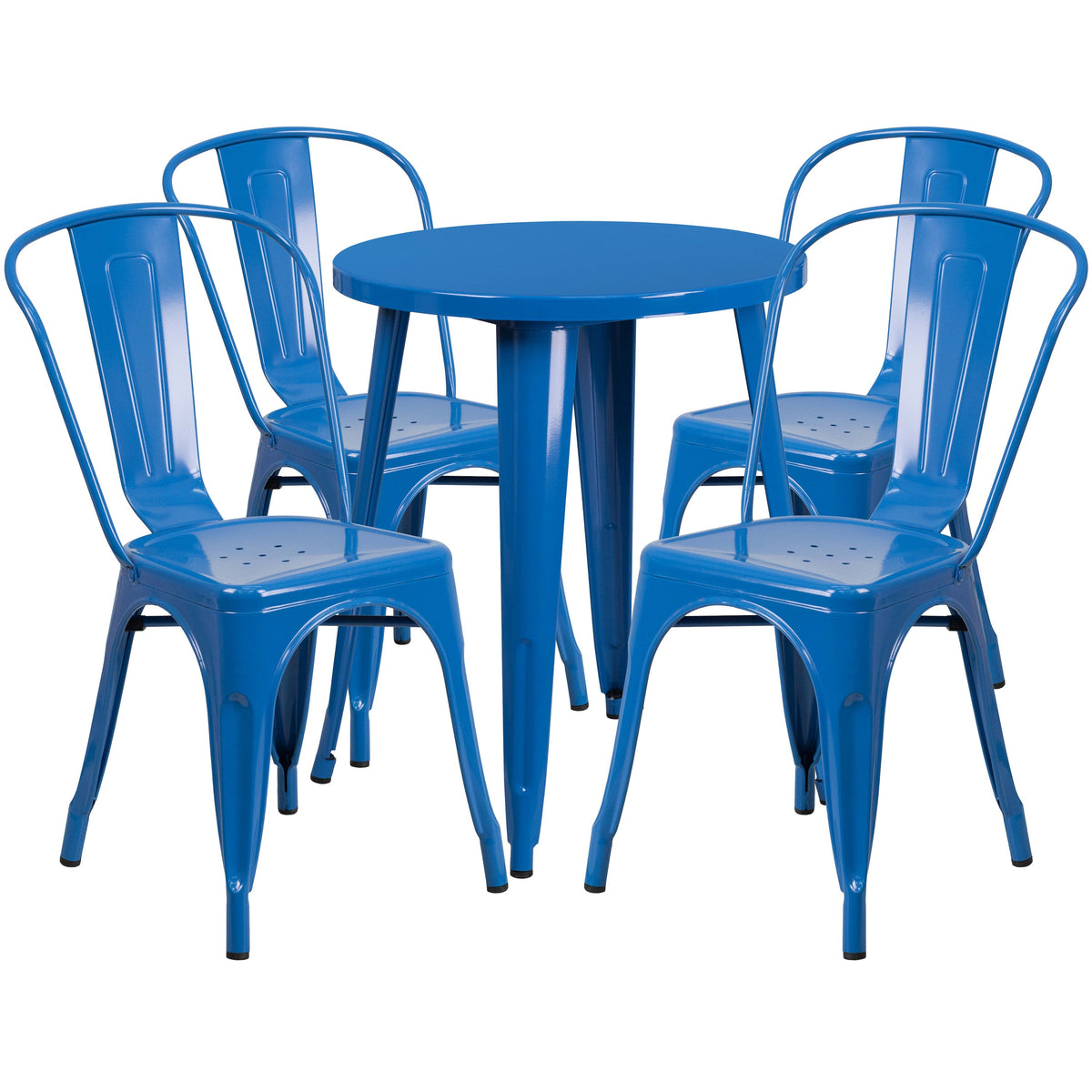 Blue |#| 24inch Round Blue Metal Indoor-Outdoor Table Set with 4 Cafe Chairs