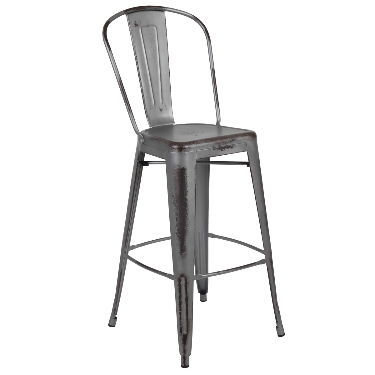 Silver Gray |#| 30inchH Distressed Silver Gray Metal Indoor-Outdoor Dining Barstool with Back