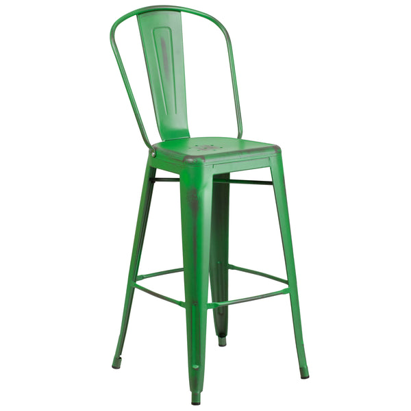 Green |#| 30inch High Distressed Green Metal Indoor-Outdoor Barstool with Back