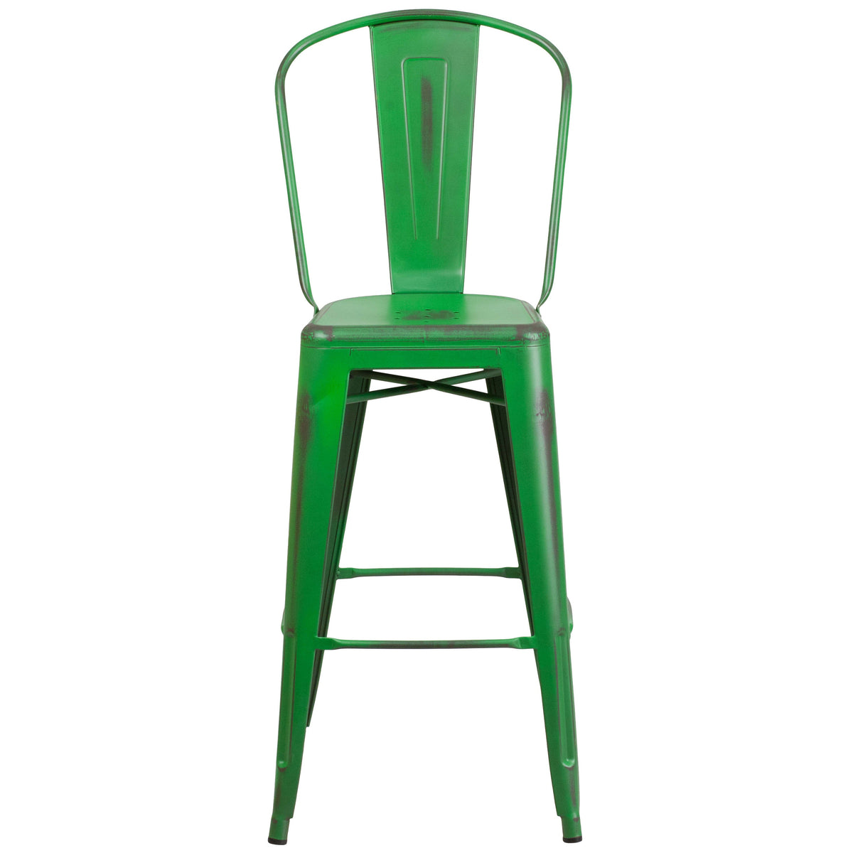 Green |#| 30inch High Distressed Green Metal Indoor-Outdoor Barstool with Back